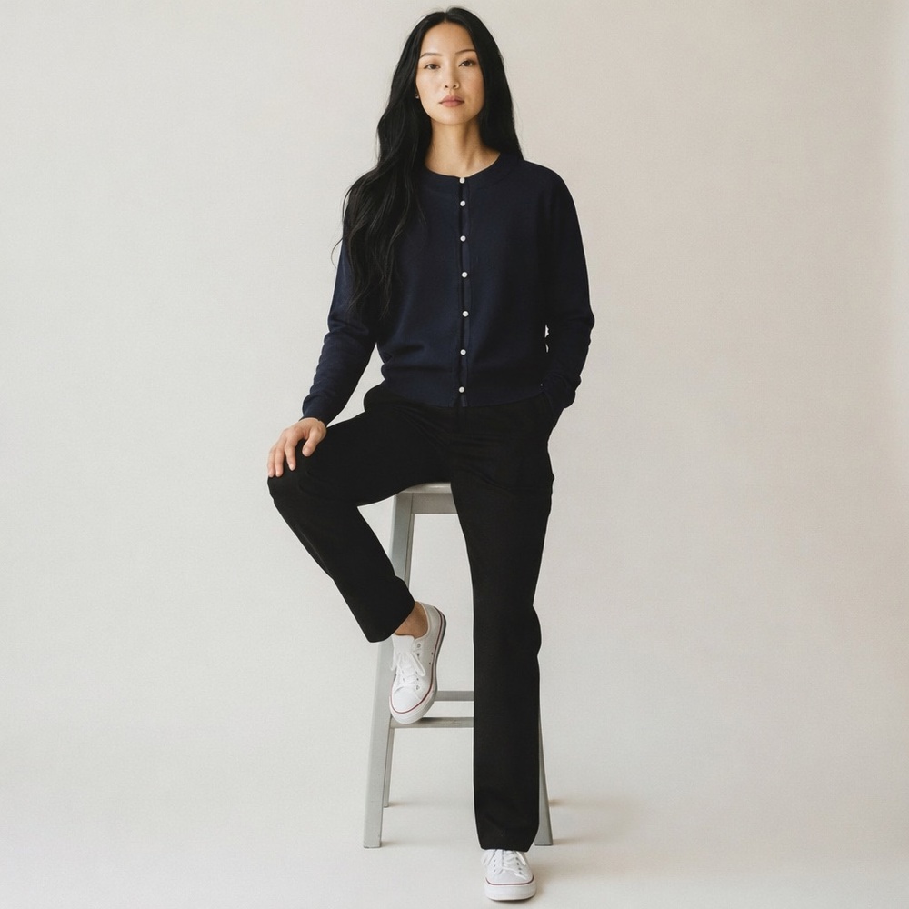 Claudie Pierlot Navy Blue Cardigan with Pearl Buttons and Black Lace Back